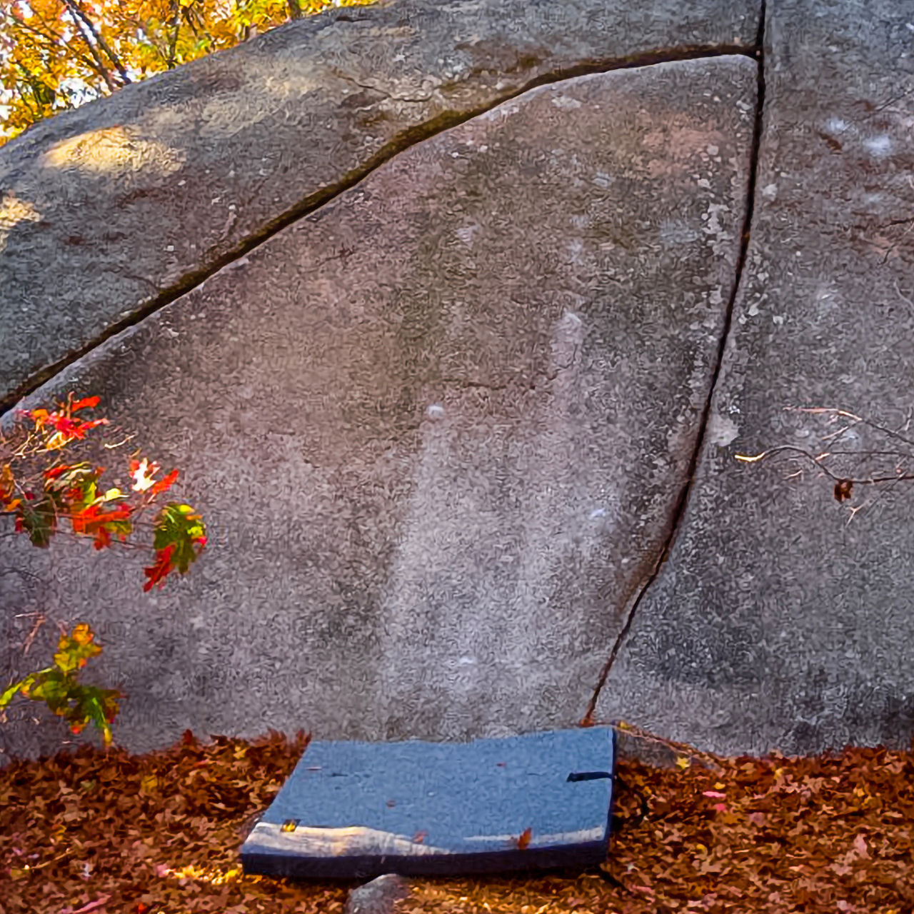 A crash pad waiting for a climber in Boat Rock outside of Atlanta.