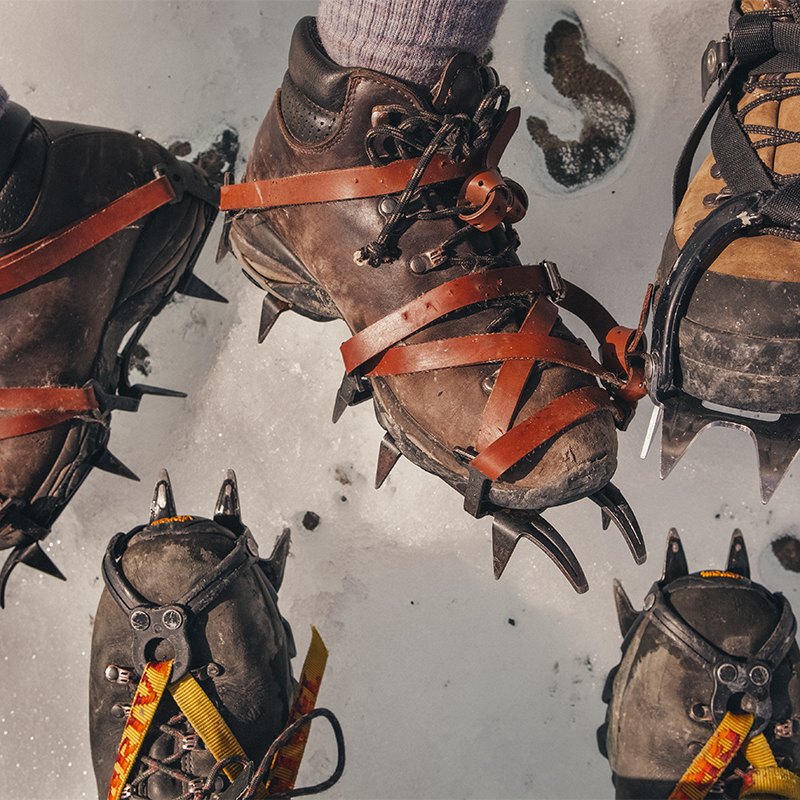mountaineering crampons seen on boots