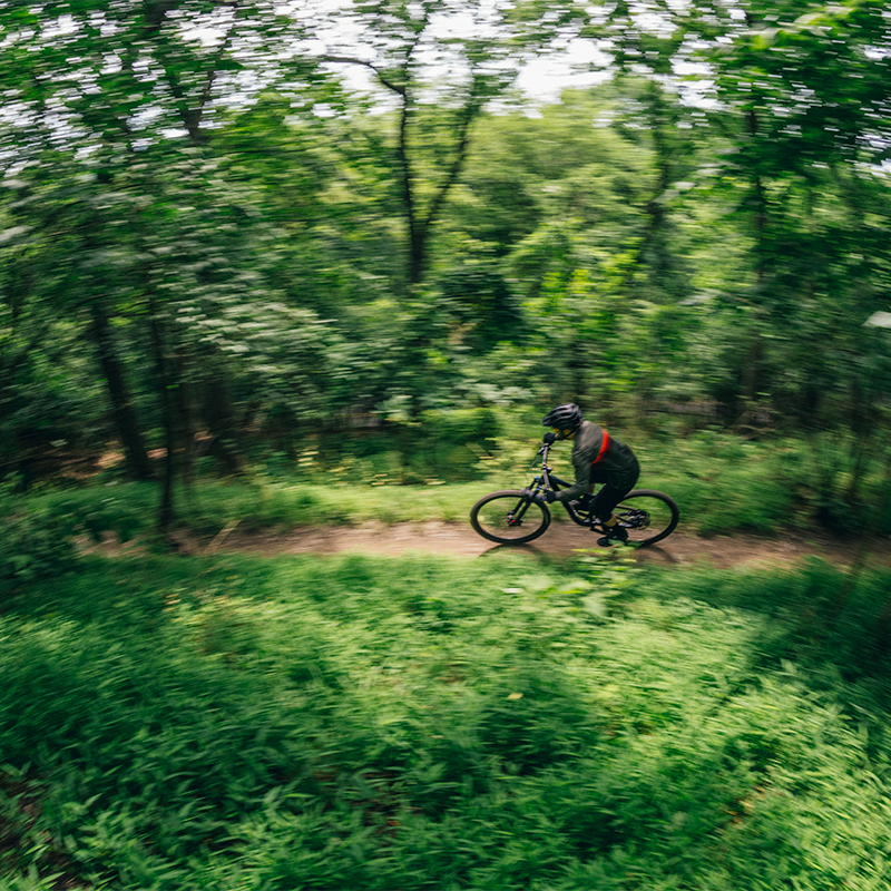 A man biking down a dirt path in the forest